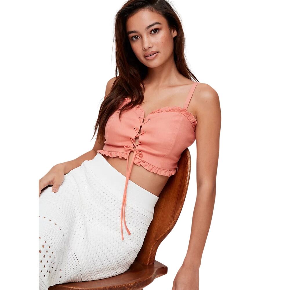 Aritizia Wilfred 100% Linen Coral Sariah Lace Up Crop Tank  Top Size 4 EUC